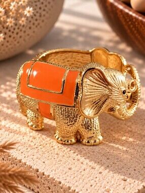 Statement Elephant Hinged Cuff Bracelet – Orange Enamel & Gold Tone NWOT